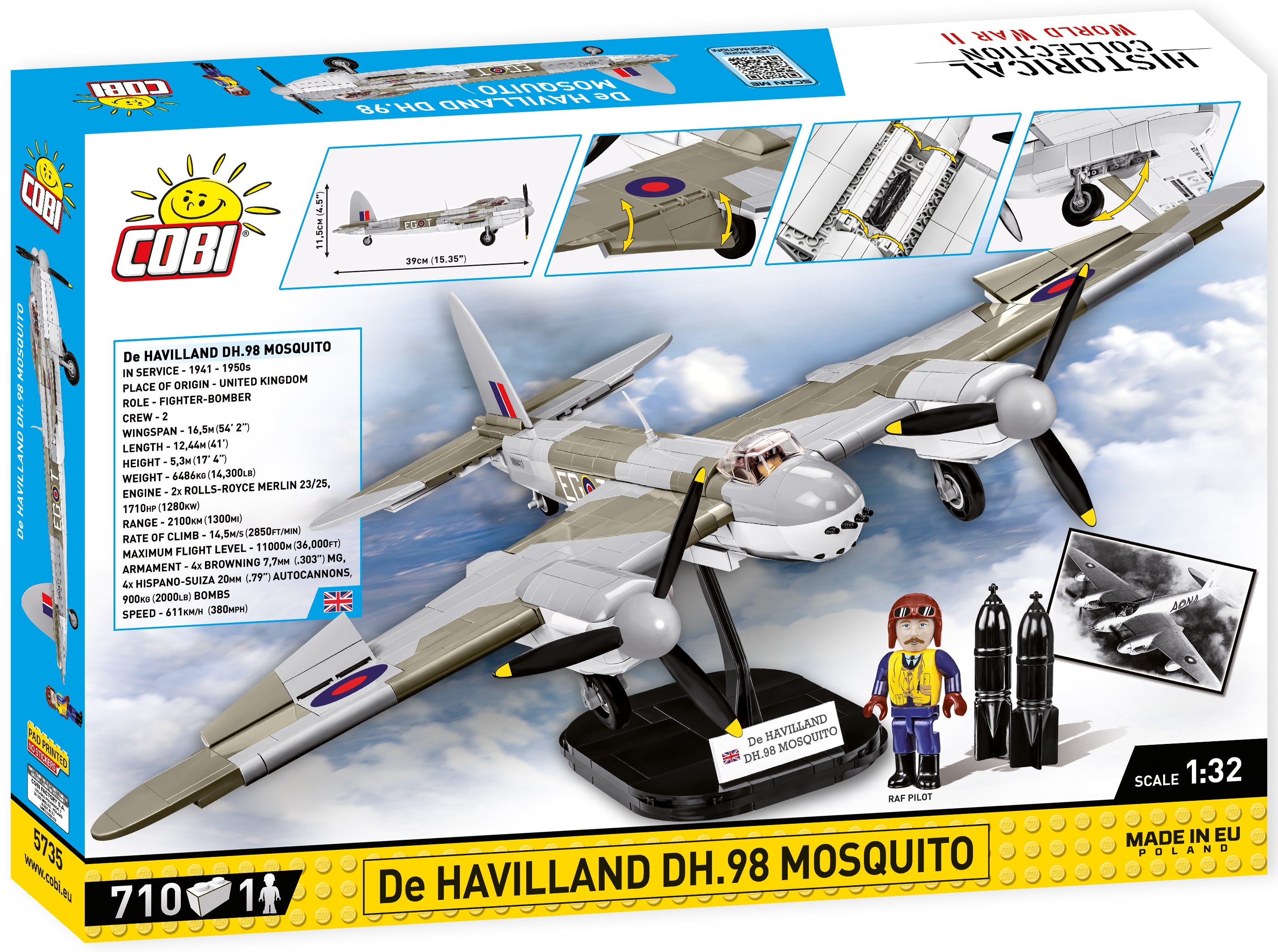 Cobi De Havilland DH.98 Mosquito model kit packaging with airplane and figure on a white background
